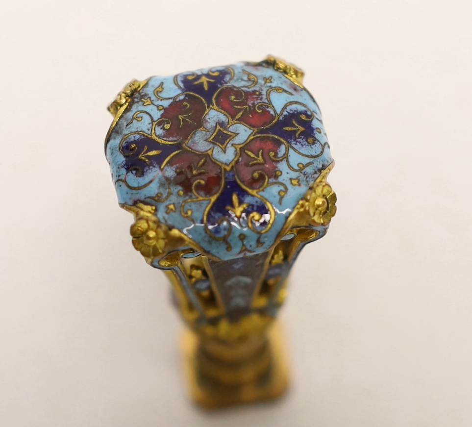 A late 19th century French cased gilt metal and champleve enamel desk seal, 5.5cm high